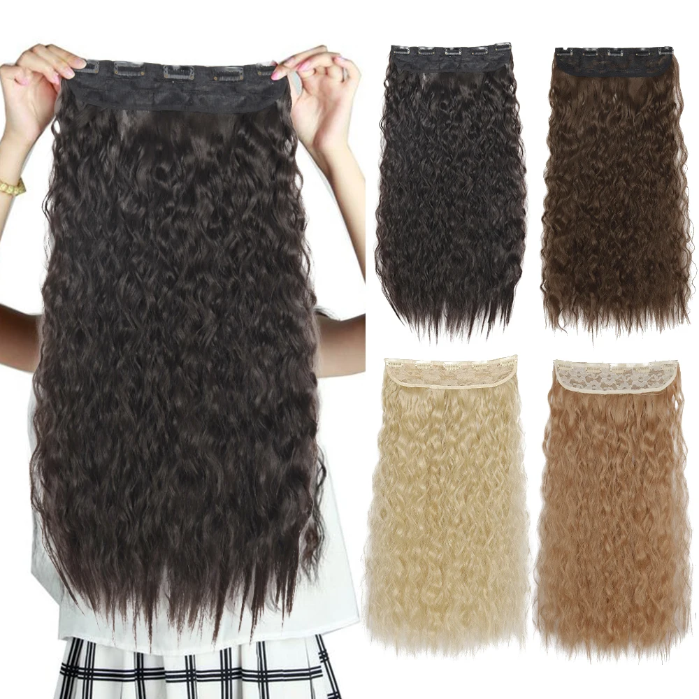 Wavy-Clips-Extension Hairpiece-Wrap Blonde Hair Ombre Fack-Hair Brown Synthetic-Water