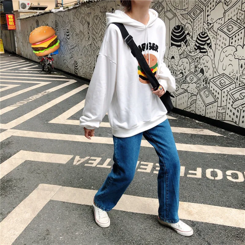 Burger патч негабаритных толстовки для женщин Весна Осень Корейская кофта с капюшоном в стиле поп Женская толстовка сплошной цвет пуловер женский