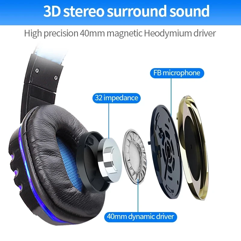 LED Light Stereo Gaming Headset Wired Game Headphones With Mic Volume Control Over Head Earphone For PS4 XBOX PC Gamer Fones