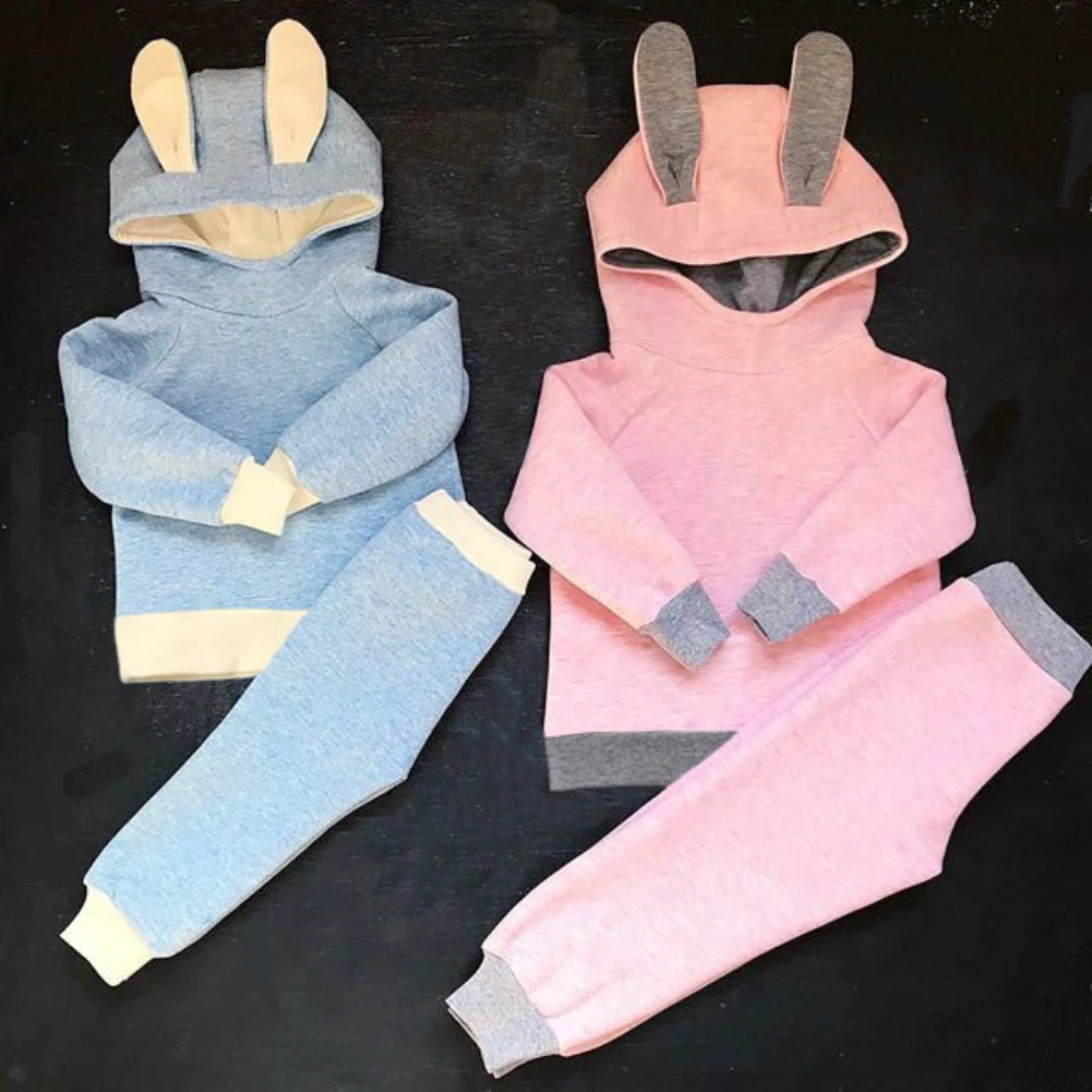 Pudcoco Toddler Kids Baby Girl Solid Color Long Sleeve Rabbit Ears Tops+ Pants Autumn Outfit Set