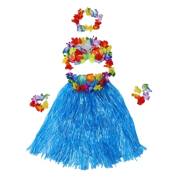 

6 Set Hawaiian Grass Skirt flower Hula Lei Wristband Garland fancy Dress costume