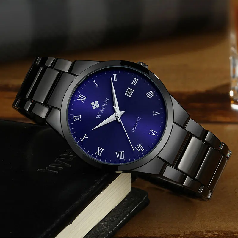 WWOOR Men Watch Top Luxury Blue Stainless Steel Waterproof Watches Casual Sports Quartz Date Clock Wristwatch Male+Gift box