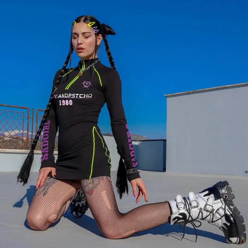 Skup Sweetown drukuj kontrast kolor z długim rękawem sukienka jesień zima 2019 Gothic Rave tkaniny zamek sukienki z golfem kobieta Party noc