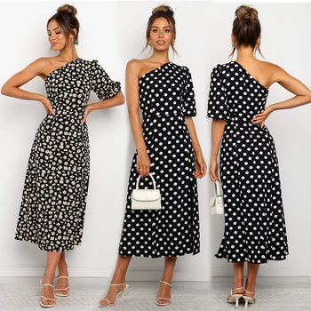 

Women one shoulder Dresses Summer Sexy Floral Print Dress Mid-calf dress Black Polka dot dress