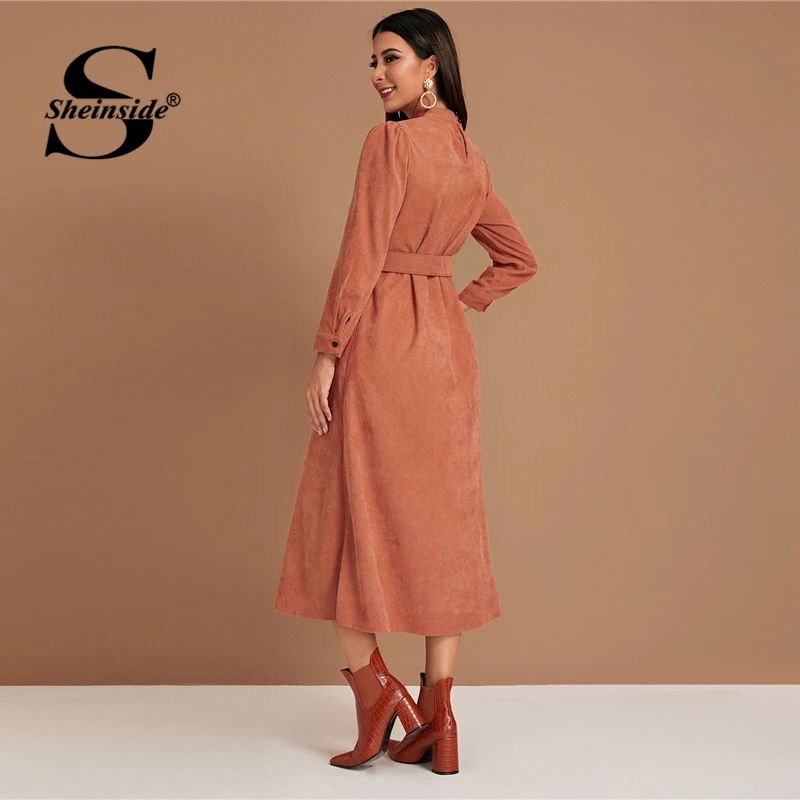 Sheinside, элегантное вельветовое платье со стоячим воротником, для женщин, весна, с высокой талией, с поясом, макси платья, для девушек, оранжевое ТРАПЕЦИЕВИДНОЕ ПЛАТЬЕ