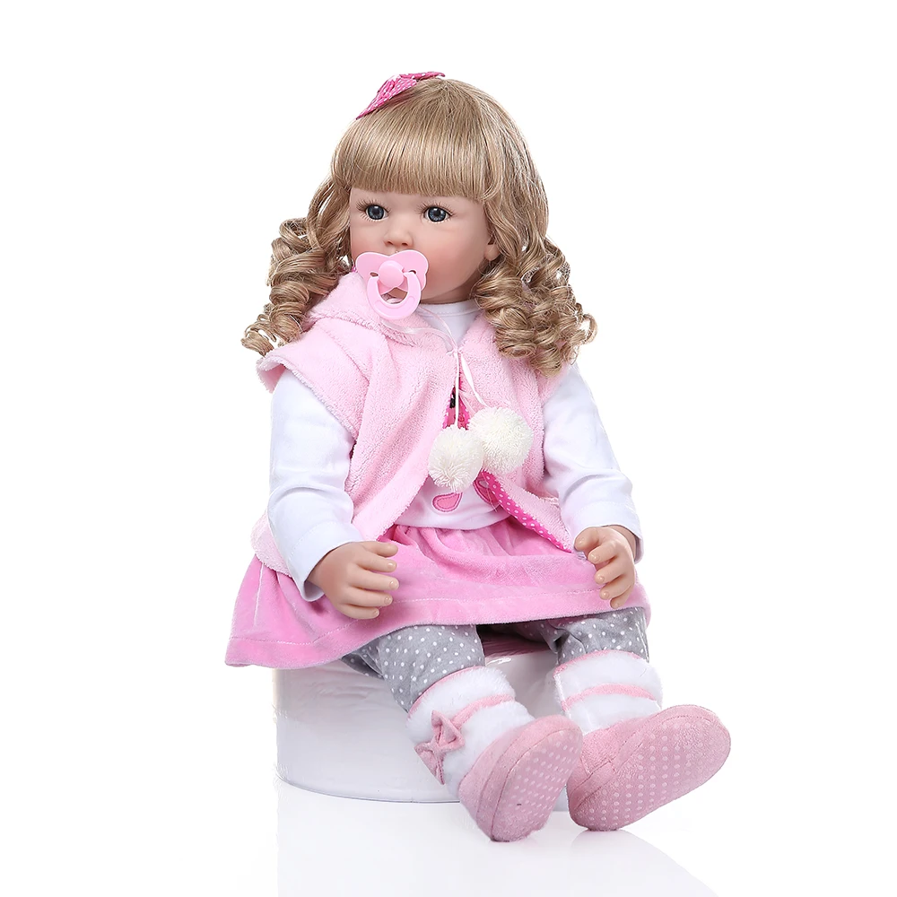 

Beautiful Baby Simulation Doll Toy 24in Realistic Golden Curly Girl Wearing Pink Rabbit Clothes[US-Stock]