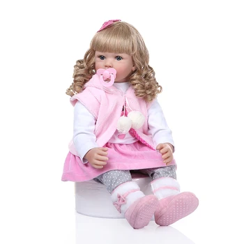 

Beautiful Baby Simulation Doll Toy 24in Realistic Golden Curly Girl Wearing Pink Rabbit Clothes[US-Stock]