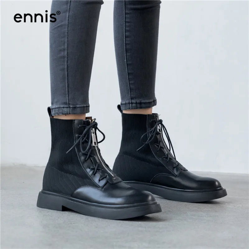 ENNIS/Ботинки martin из натуральной кожи; зимние женские ботинки на плоской подошве с молнией спереди; ботильоны на платформе; Цвет Черный; трикотажная растягивающаяся обувь; A9338