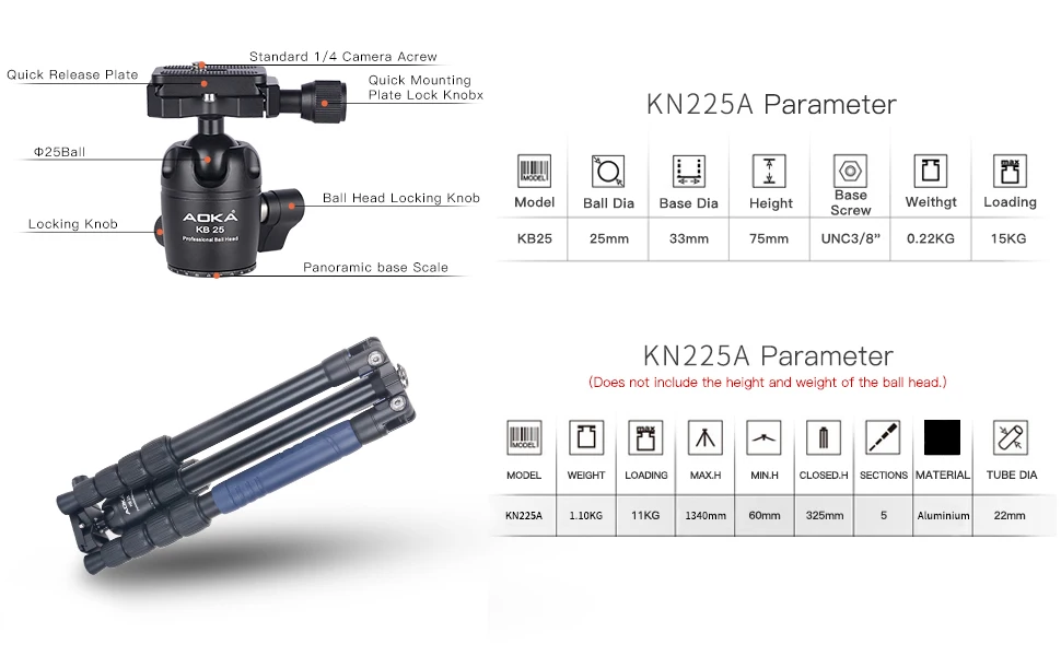 AOKA KN225A Максимальная загрузка 11 кг вес 1,3 кг Профессиональный легкий алюминиевый штатив для путешествий для камеры