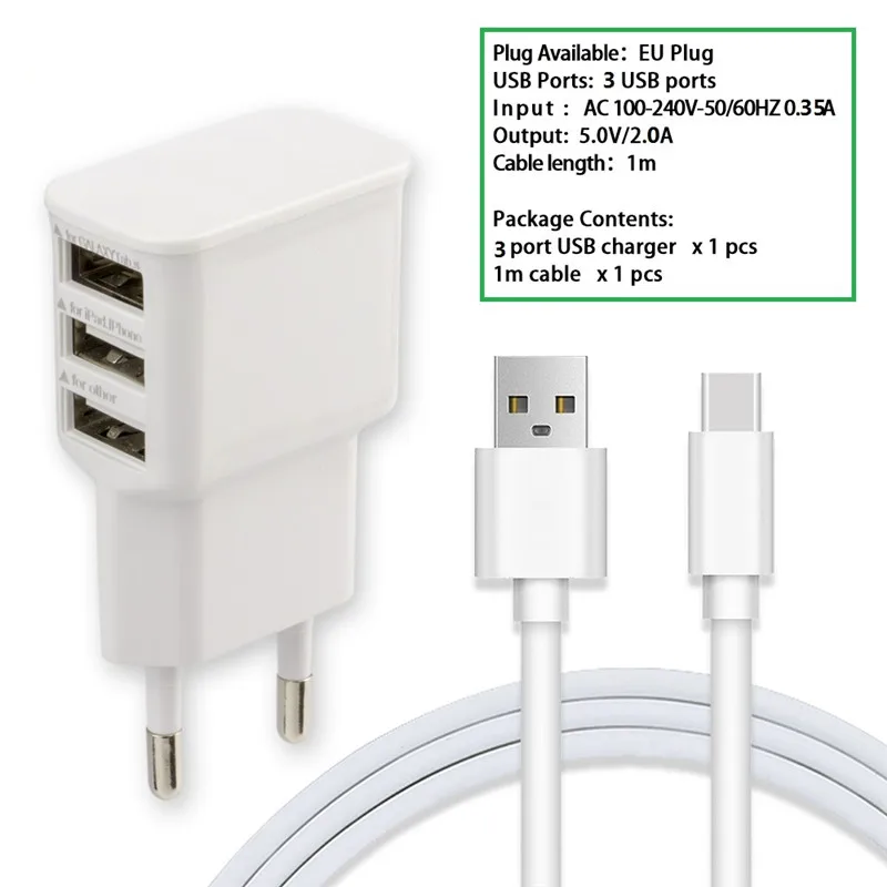 Зарядное устройство для путешествий с разъемом EU и кабелем USB C Samsung S10 Huawei P30 nova5