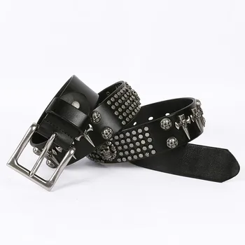 

Motorcycle Punk Rocky Skull Belts RIvet Studded Waist Straps For Men Women Full Grain Genuine Leather Personality Quality Unisex