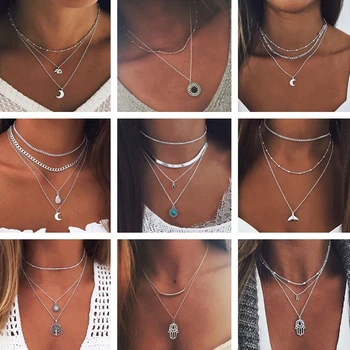 

Tenande Vintage Multilayer Moon Stars Heart Hamsa Hand Statement Necklaces & Pendants for Women Retro Clavicle Chain Jewelry