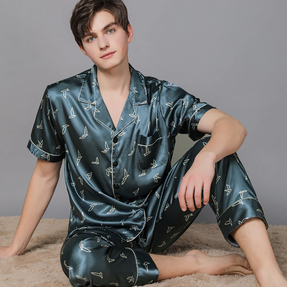 Summer Thin Men Pajama Sets Fashion Print Ice Silk Pajamas Plus Size Men's Sets Casual Sleepwear Pijama+Long Pants Pyjama Sets