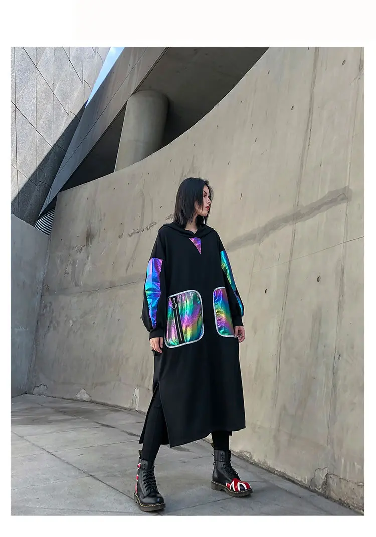 XITAO Tide Patchwork Bright Silk Pocket Dress Women Clothes Zipper Hooded Collar Full Sleeve Autumn and Winter New GCC2607