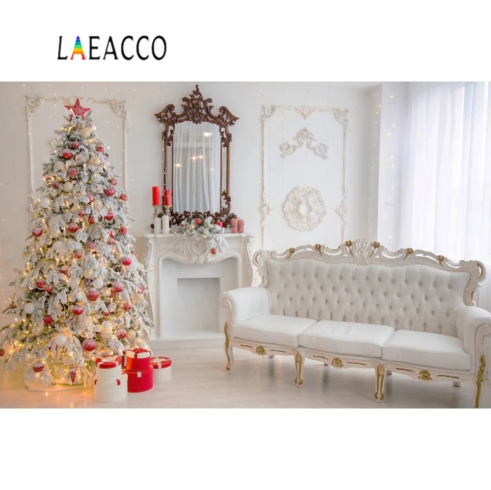 

Photo Background Christmas Bulb Tree Old Chic Wall Sofa Fireplace Sofa Curtain Room Interior Photography Backdrop Photo Studio
