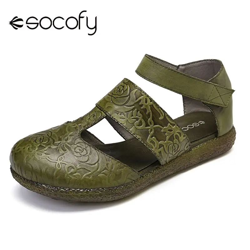 Женские босоножки SOCOFY из натуральной кожи с рельефным узором на липучке
