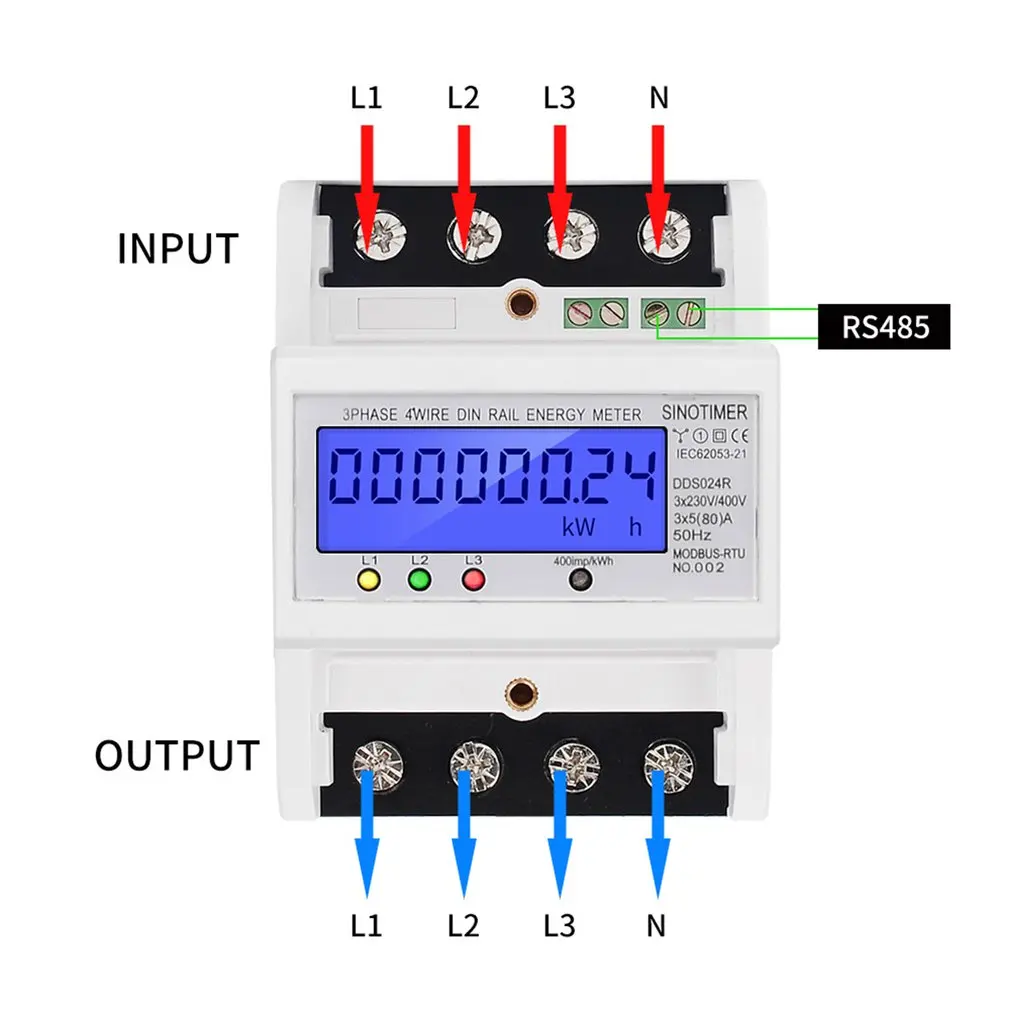 SINOTIMER DDS024R RS485 Modbus Rtu DIN Rail 3 фазы 4P электронный ваттметр Мощность потребление энергии метр с ЖК-дисплей Подсветка