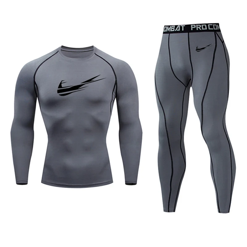 2-pc suit Мужская одежда компрессионная мужская футболка+ леггинсы Рашгард Комплект топ с длинными рукавами для фитнеса мужской спортивный костюм термобелье база - Цвет: 2-pc suit