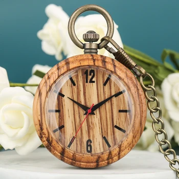 

Wooden Pocket Watch Simple Brown Dial Pocket Watches Analog Display Vintage Bronze Rough Hanging Chain Pendant Clock New 2019