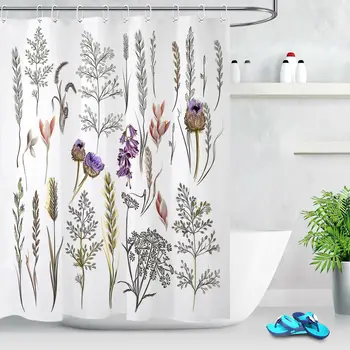 

Bathroom Waterproof Polyester Flower Plant Branch White Shower Curtain Hooks