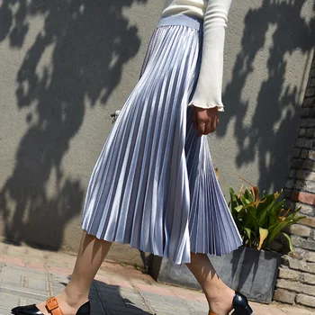 

Skirt Metal Korean Hong Kong Satin Long Pleated Solid Color Polyester Casual Natural Organ Flavor