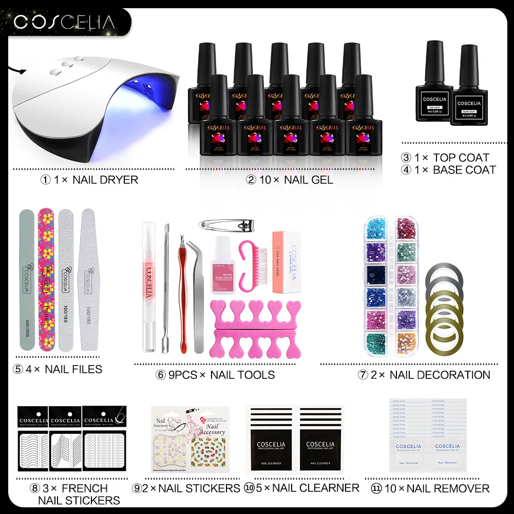 Set B Choose color COSCELIA 36 Вт лампа 10 шт. набор гель-лаков для ногтей инструменты для маникюра Набор для ногтей топ и Базовое покрытие набор для ногтей Набор для геля Набор Для лаков - Цвет: Set B Choose color