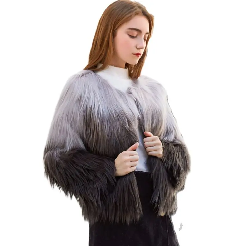 

New Imitation Mongolia Sheep Fur Coat 2018 grey-black gradient Furry Coats Women Faux Fur Coat Female Autumn and winter Clothes