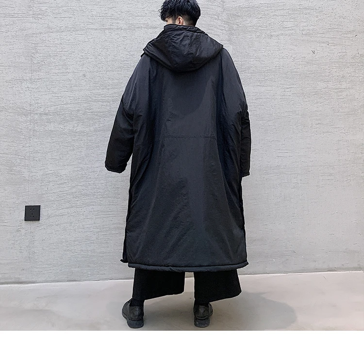 Men Winter Long Loose Hooded Parka Jacket Overcoat Male Japan Street Dark Black Cotton Padded Thick Coat Outerwear