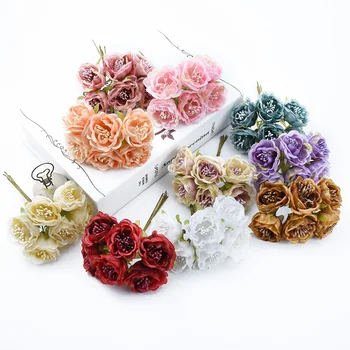 

6pcs Bride brooch silk stamen wedding decorative flowers wreaths tea roses home decoration accessories Artificial flowers cheap