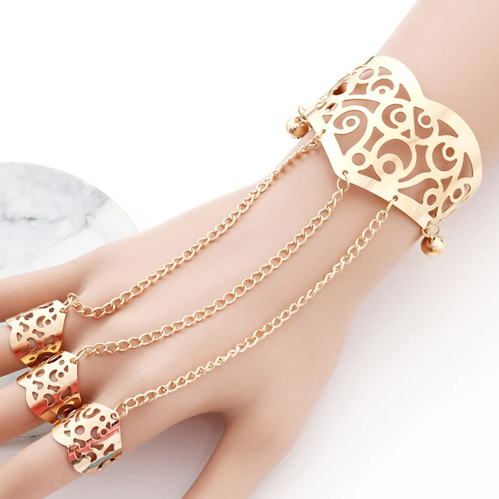 Ретро Кольца для женщин, браслеты для женщин, с цветочным принтом, широко открытые манжеты браслет с колокольчиками браслет 3-кольцо перста ювелирных изделий