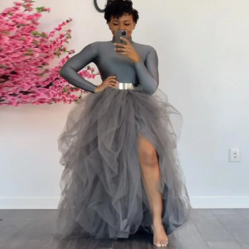 Юбка-пачка с разрезом для взрослых длинная вечерняя юбка из фатина серого цвета