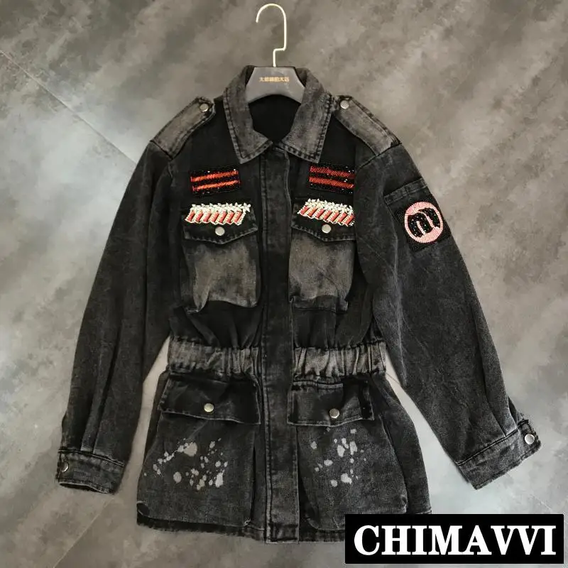 

2019 New Autumn Fashion Alphabet Pearl Beads Slim Waist Black Jeans Wind Coat Women's Medium Long Denim Jacket Outwear
