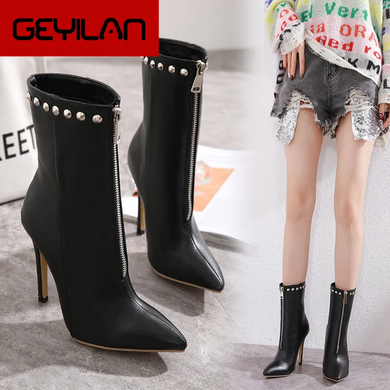 

2020 Women's Shoes Sexy Rivet Front Zipper Fine With Short Boots Sharp Will Boot Code