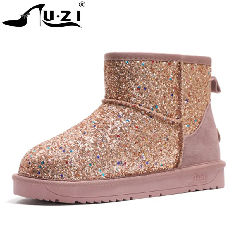 

Quality Sequins Snow Boots Women Australia Genuine Cowhide Leather Waterproof shoes Winter Warm Glitter Fur Short Ankle Boots