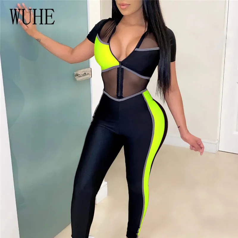 

WUHE See Through Mesh Patchwork Sexy Jumpsuits Women Zipper V Neck Short Sleeve Skinny Women Romper Club Party One Piece Outfit