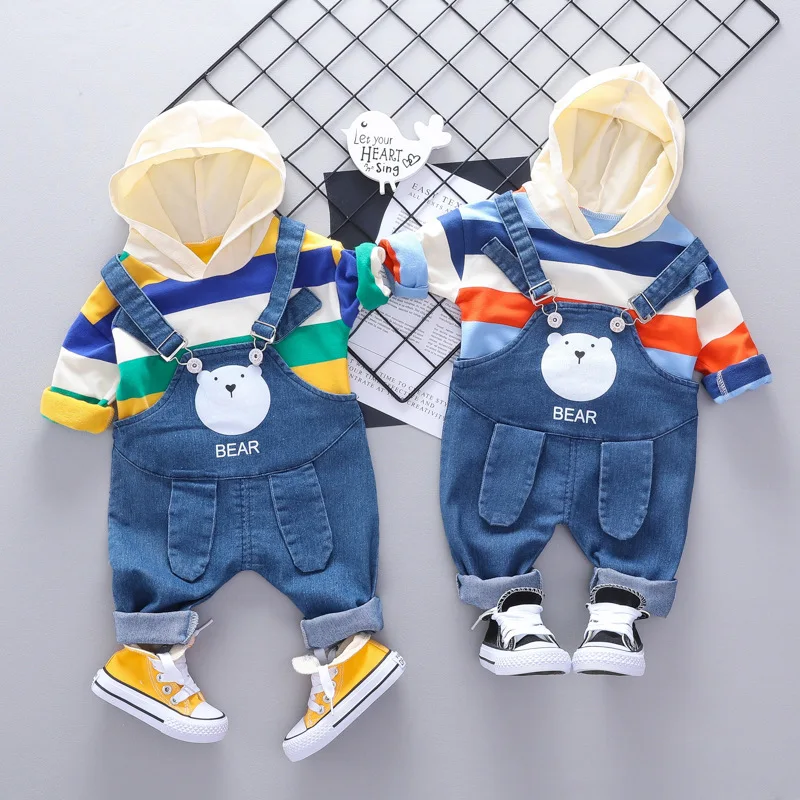 

Autumn Baby Girls Striped Hooded Hoodies + Denim Jeans Cartoon Bear Overalls Trousers Kids Clohting Sets Boys Casual 2Pcs Suits