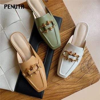 

2020 PENUTA indoor slippers women's Genuine Leather Metal Decoration Italian Popular Shoes Square Toe Fashion Chain Mules T0012