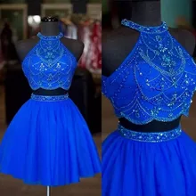 Синее Короткое платье на выпускной из двух частей, украшенное бусинами, с открытой спиной, мини для коктейлей