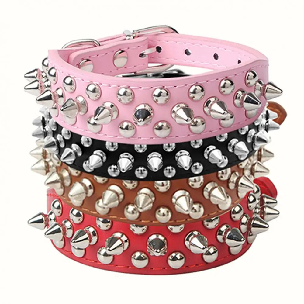 PU Leather Pet Collar Round Spikes Studded 1Pcs For Small Medium Dogs