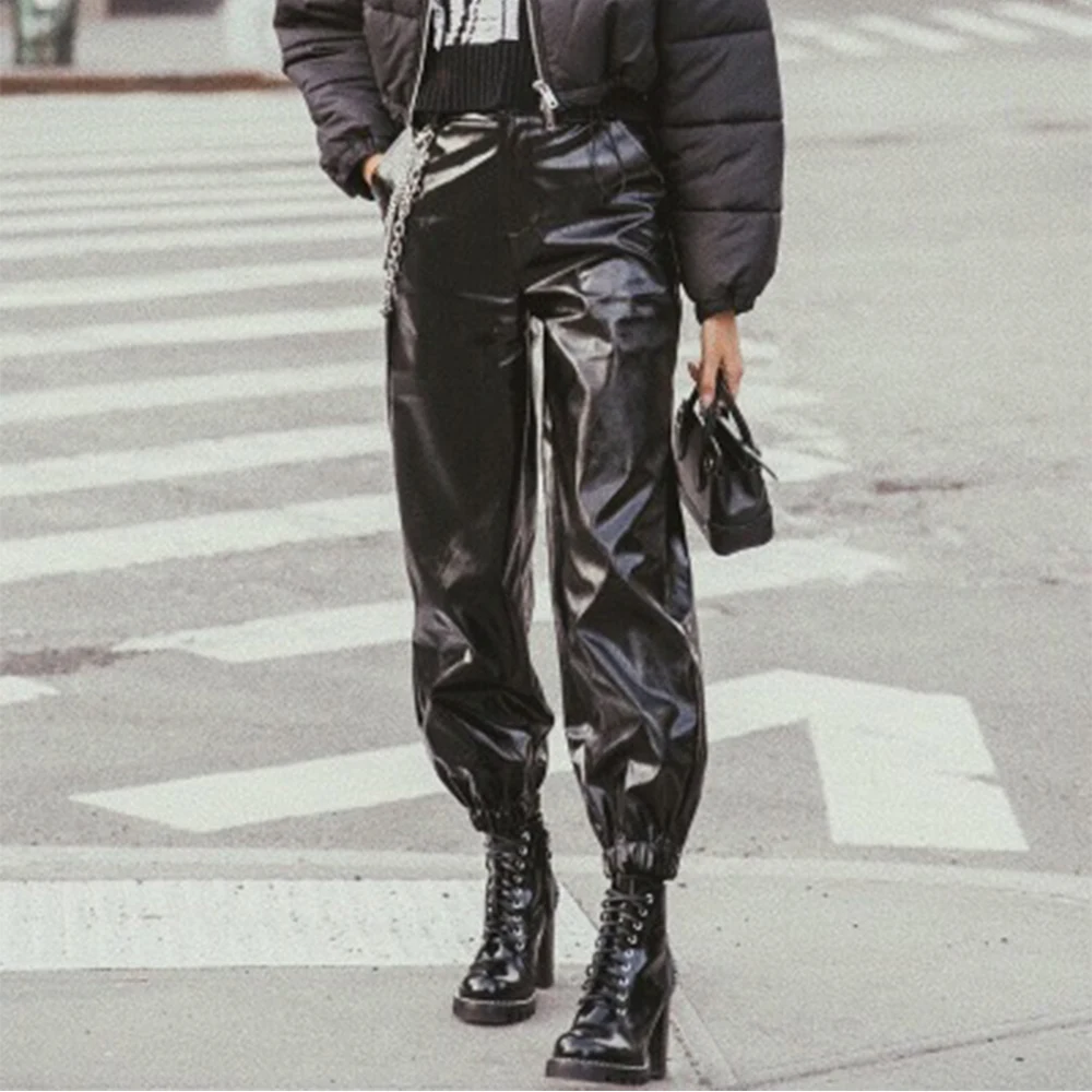 Широкие брюки из искусственной кожи в стиле хип-хоп; женские черные брюки; повседневные брюки; женские свободные узкие брюки с эластичной резинкой на талии; брюки для бега