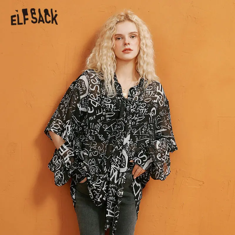 ELFSACK Leter Print Bow Neckline Casual Chiffon