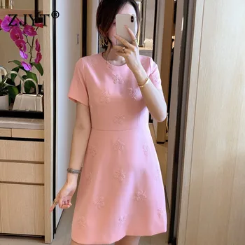 

High Quality Runway Dress Women Summer Clothes 2020 New Fashion Short Sleeve Handmade Beading Solid Sweet Pink Dress Party