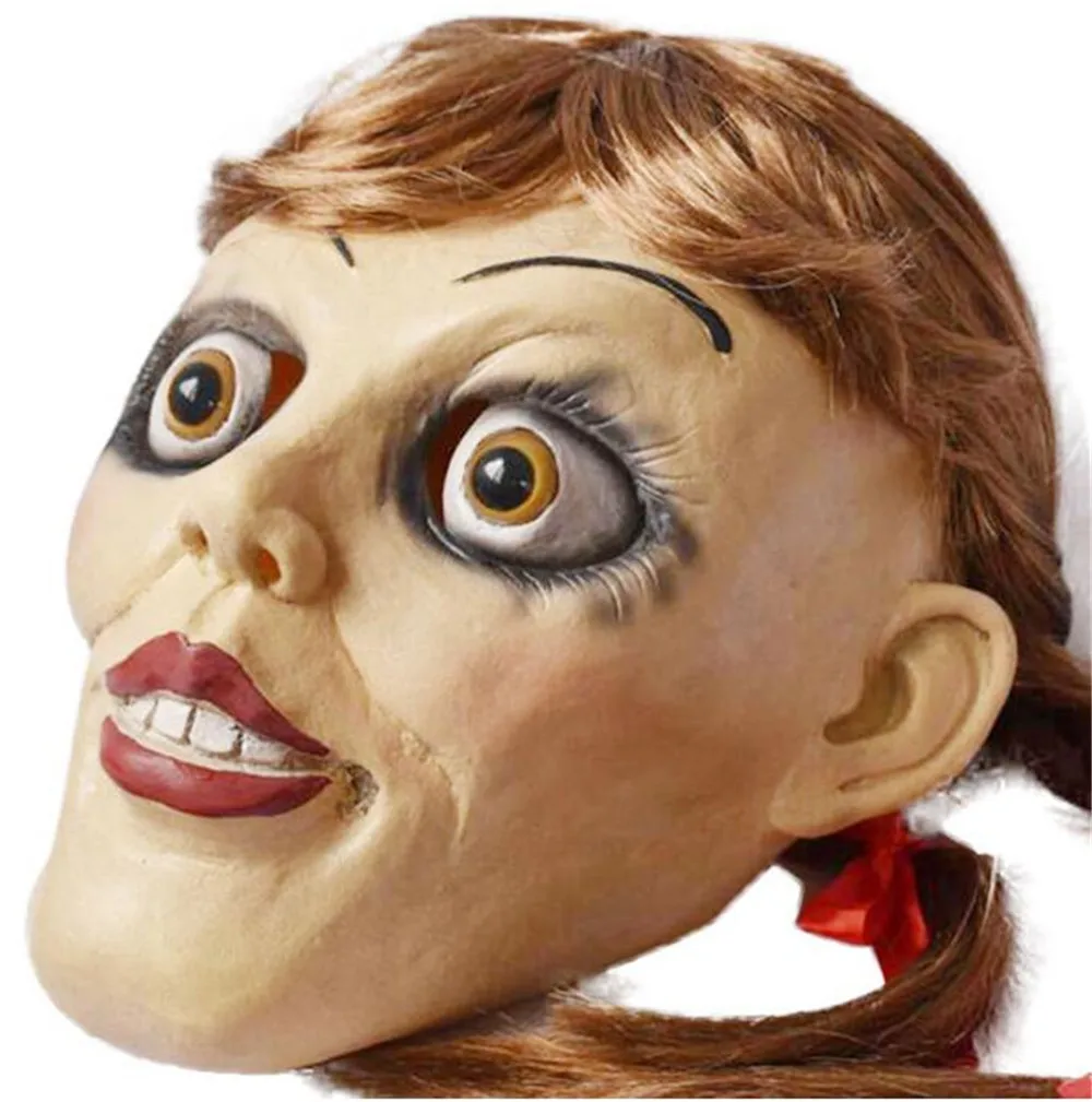 Фильм Annabelle поставляется дома Маскарадная маска латекс страшная кукла Полный головной убор для взрослых костюмы на Хэллоуин Опора головной убор