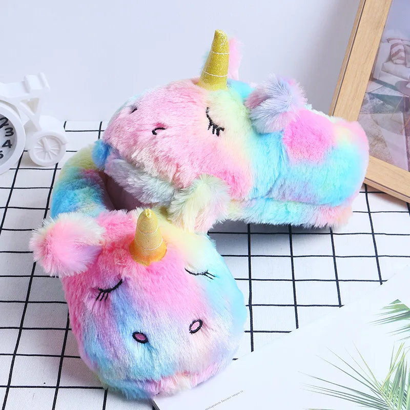 FAYUEKEY Cartoon Rainbow Unicorn Slippers Women Girls Winter Plush Warm Home Slippers Indoor Shoes Cotton Women Unicorn Shoes