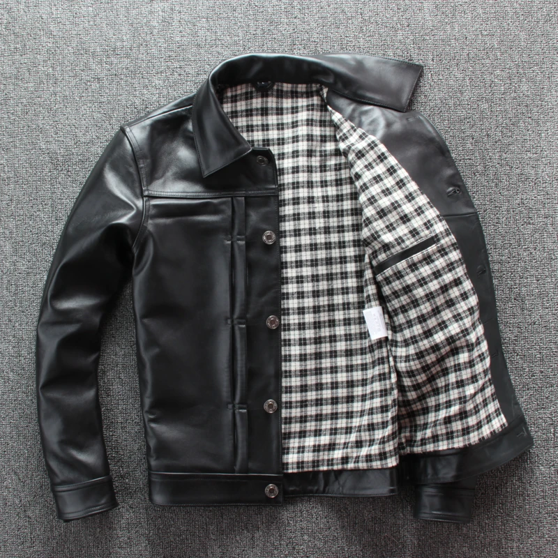 

2020 men's japanese vintage style calf skin jacket slim short real leather coat men single breasted denim shirt design
