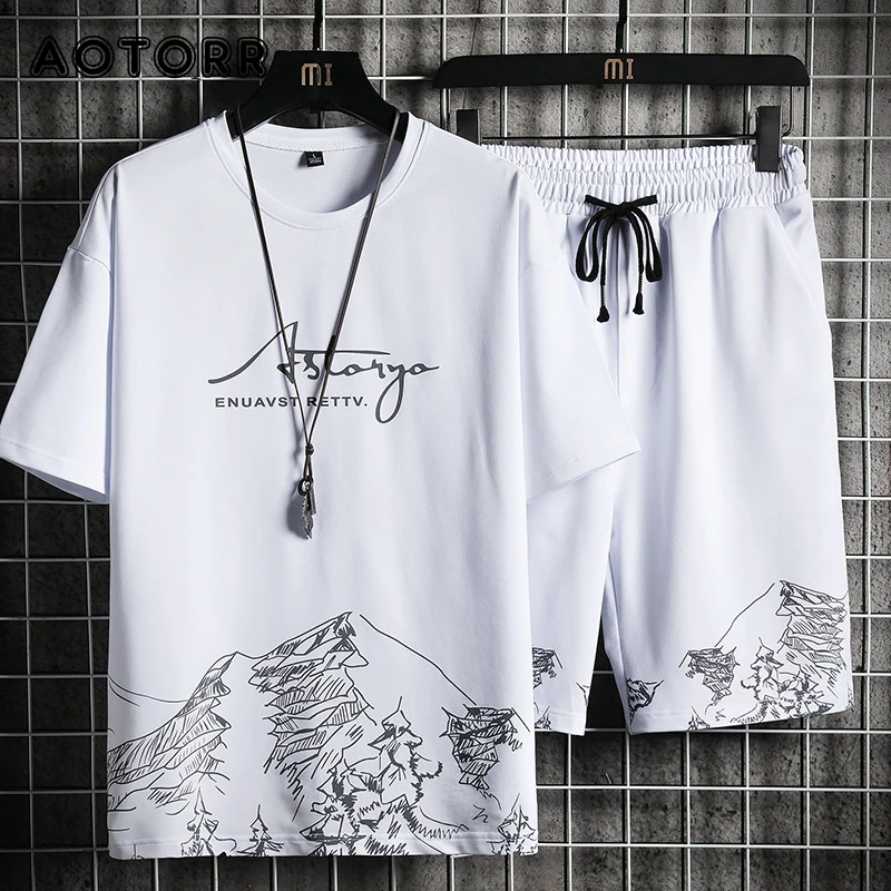 Pantalones cortos casuales de hombres de moda de verano traje de Deporte Camiseta + Pantalones cortos deporteswears 2 piezas conjuntos Jogger masculino chándal Streetwear 4XL
