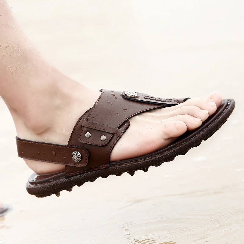Летние модные пляжные сандалии; Мужская обувь; высококачественные сандалии-гладиаторы на полой подошве; удобные кожаные сандалии-светильник