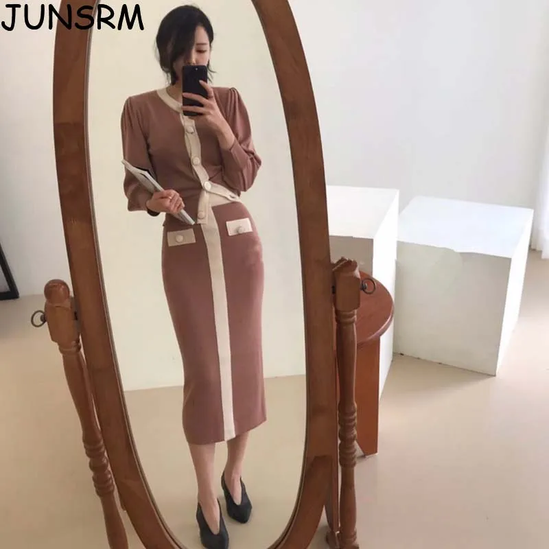 

One-Piece 2020 Women Autumn Winter Korean O Neck Slim Splicing Knit Sweater Top Bag Hip Knitted Skirt Office Lady Two-Piece Suit