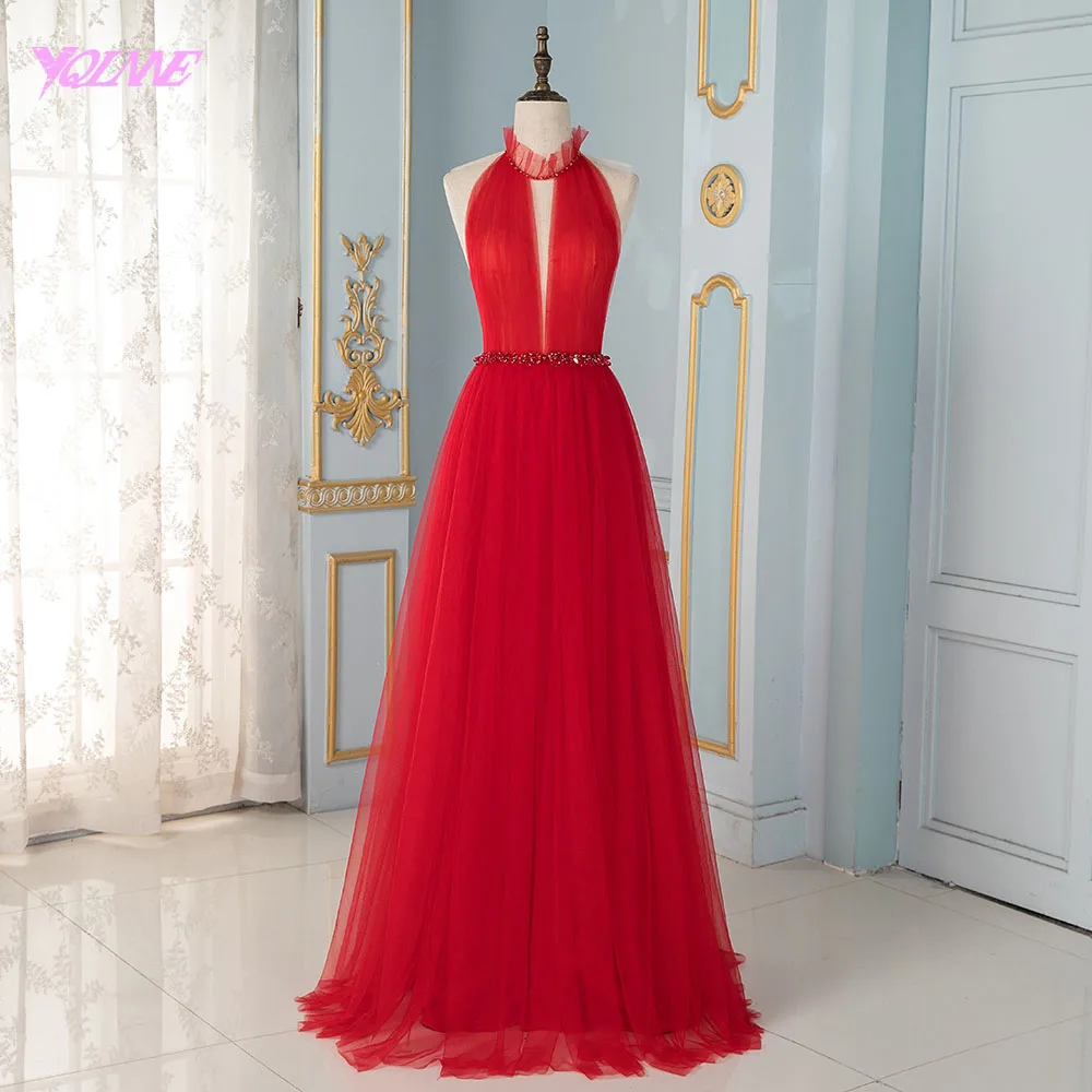 YQLNNE элегантные красные вечерние платья с высоким вырезом длинное строгое платье Вечерние вечернее платье De Soiree - Цвет: Красный