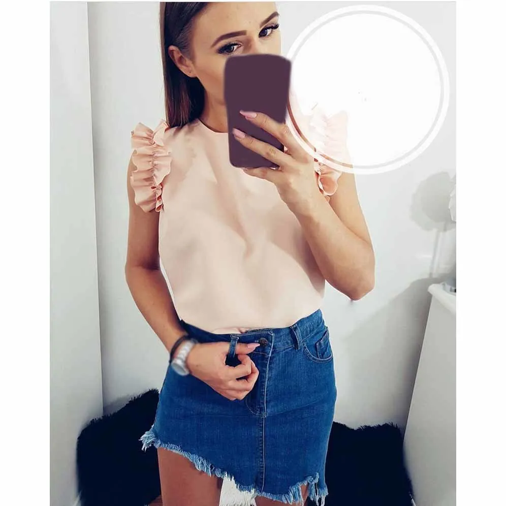 Tide Vogue Pop Tide красивые летние модные женские повседневные блузки с круглым вырезом без рукавов с оборками рубашки сексуальные тонкие однотонные топы с оборками